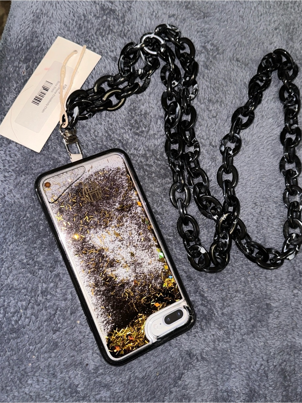 Cell Phone Crossbody Chain. Black Glitter Liquid Case